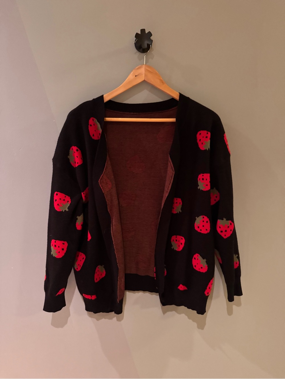 Black Strawberry-Print Open Cardigan - Women's Sweater